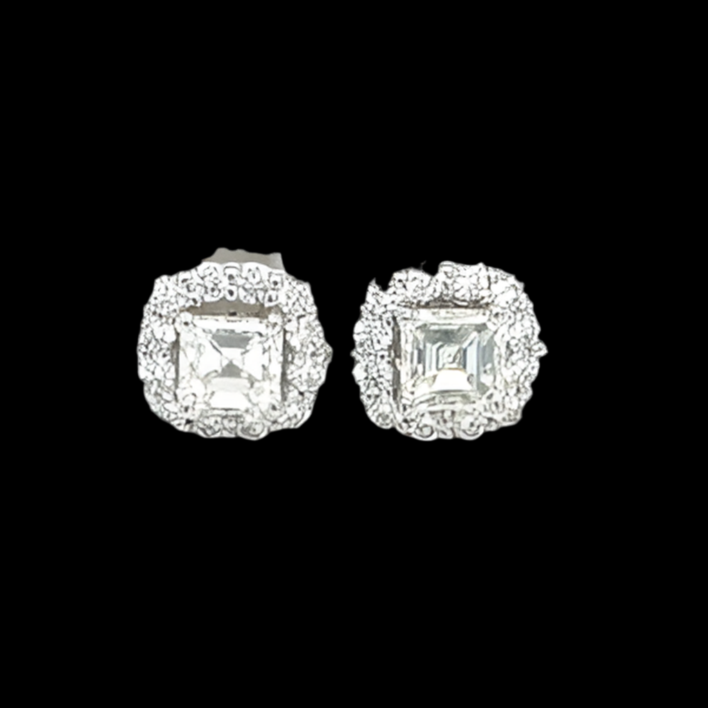14K White Gold .93ctw Asscher Diamond Framed Earrings