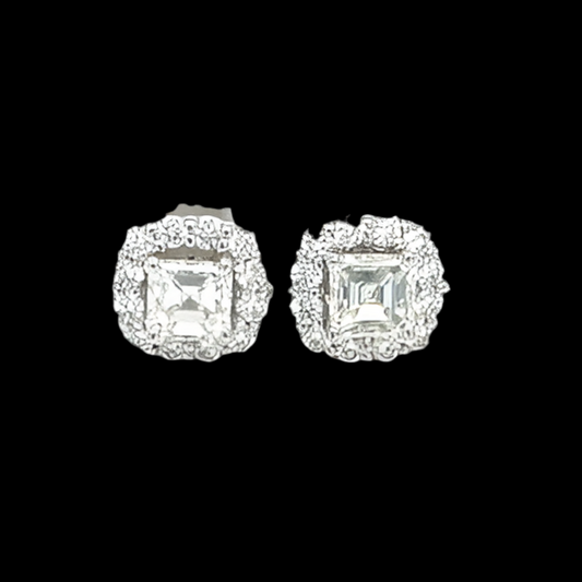 14K White Gold .93ctw Asscher Diamond Framed Earrings